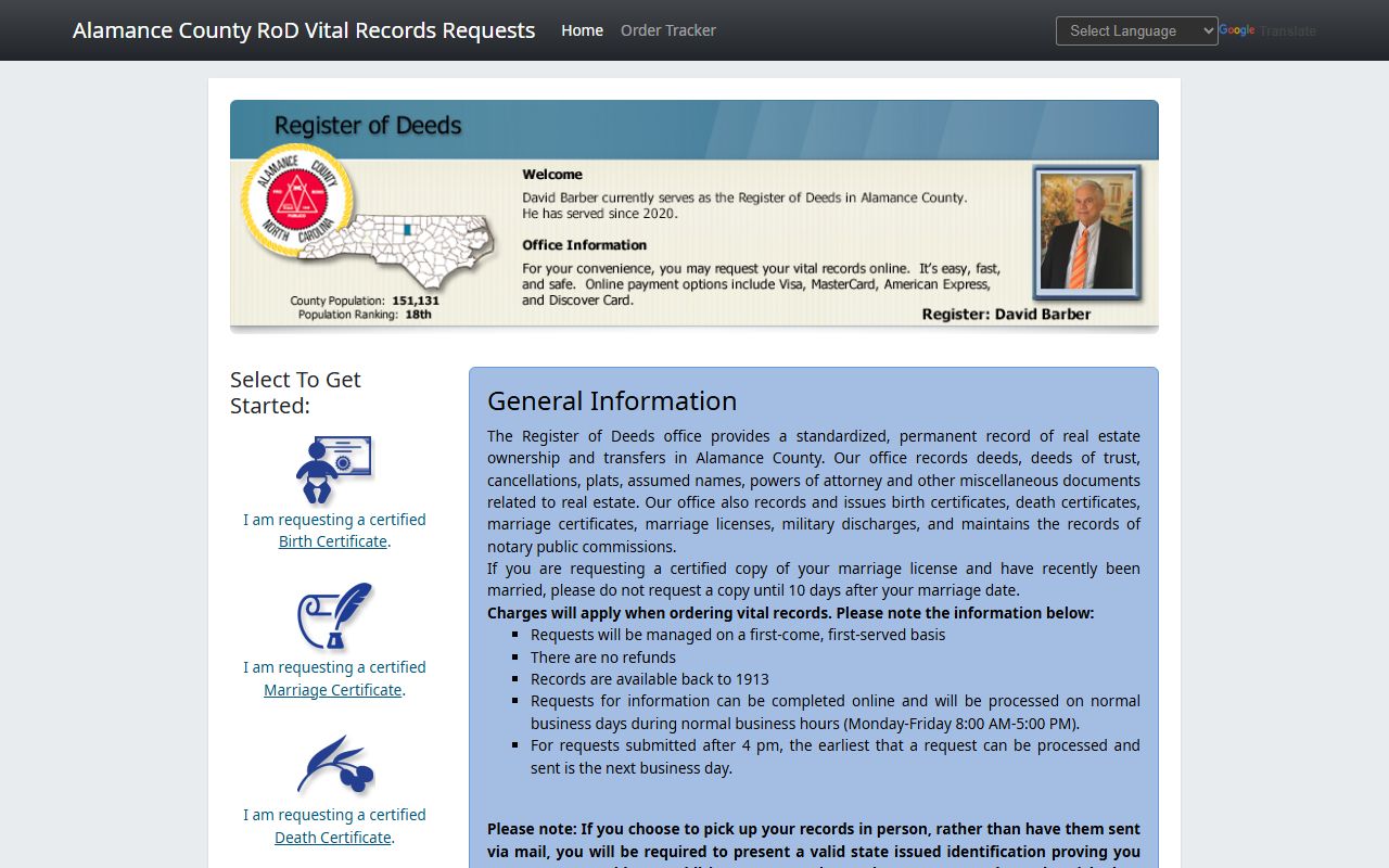Alamance County online vital records request system for marriage records