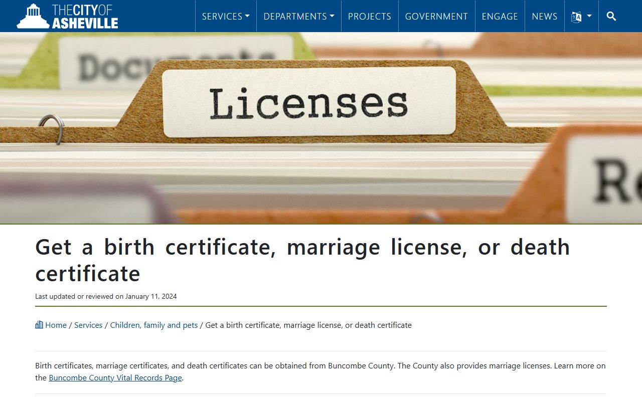 Asheville city vital records service for Buncombe County marriage records