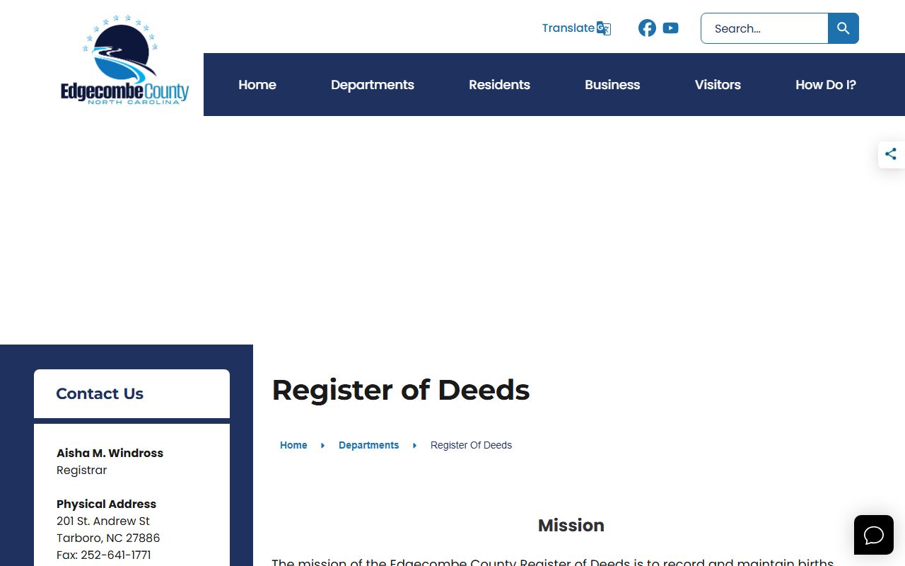 Edgecombe County Register of Deeds official website for marriage records