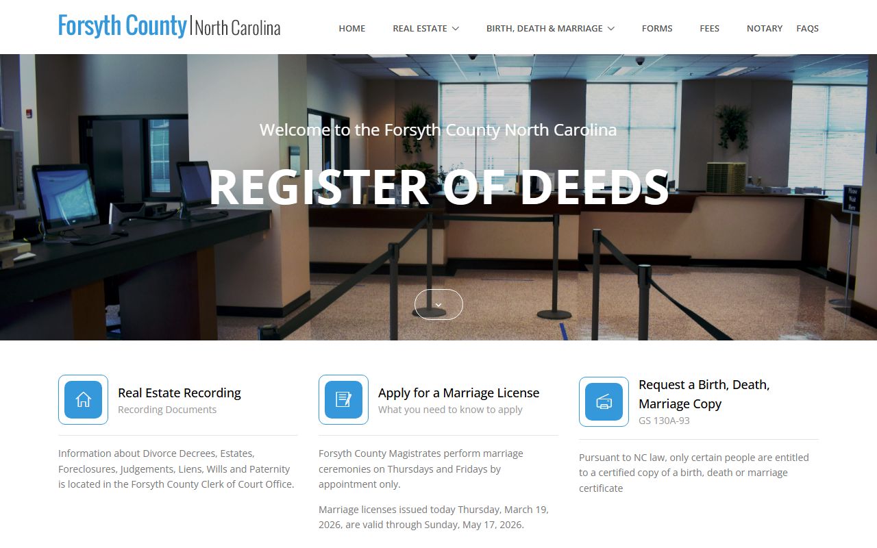 Forsyth County Register of Deeds official website for marriage records in Winston-Salem