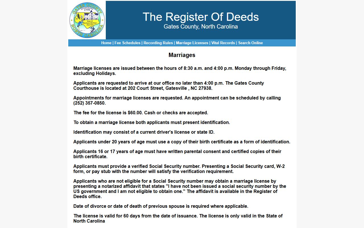 Gates County marriage license requirements and process for marriage records