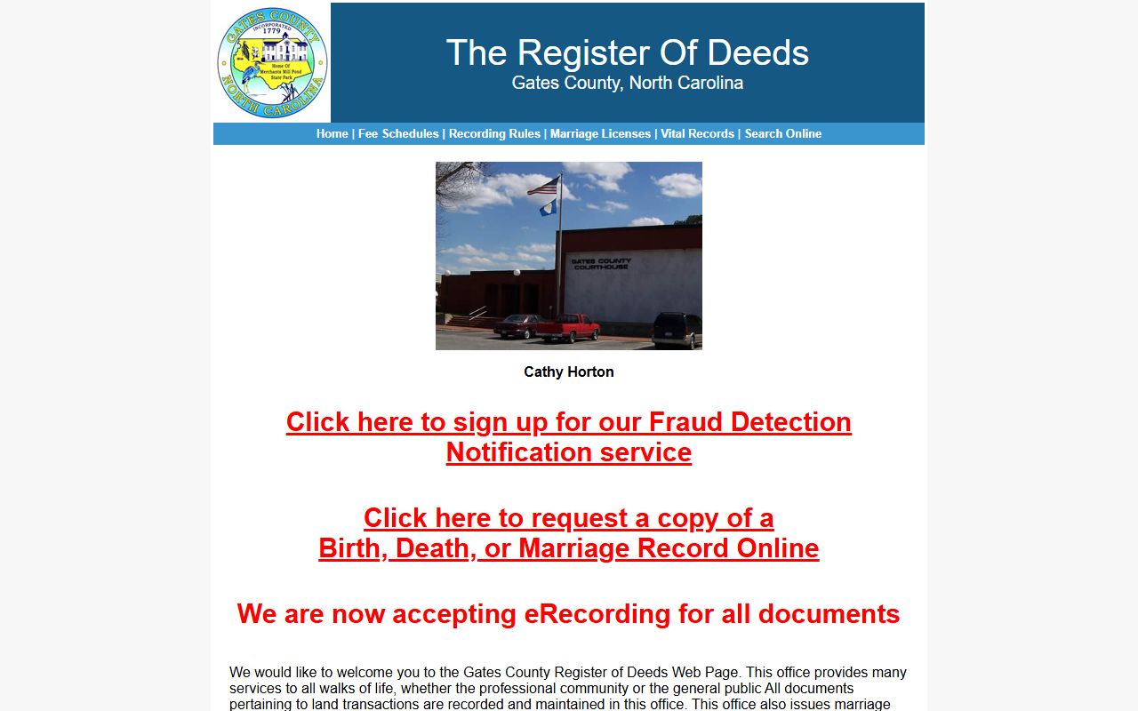 Gates County Register of Deeds official website for marriage records in Gatesville
