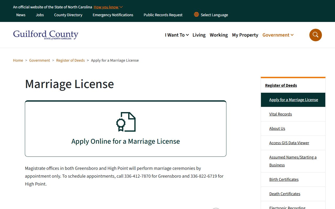 Guilford County marriage license requirements and information for records