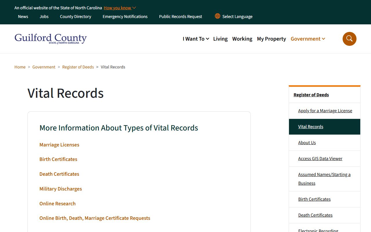 Guilford County vital records request page for marriage records copies