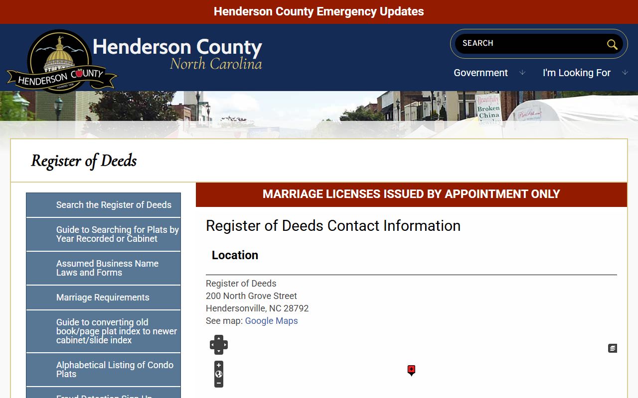 Henderson County Register of Deeds contact page for marriage records