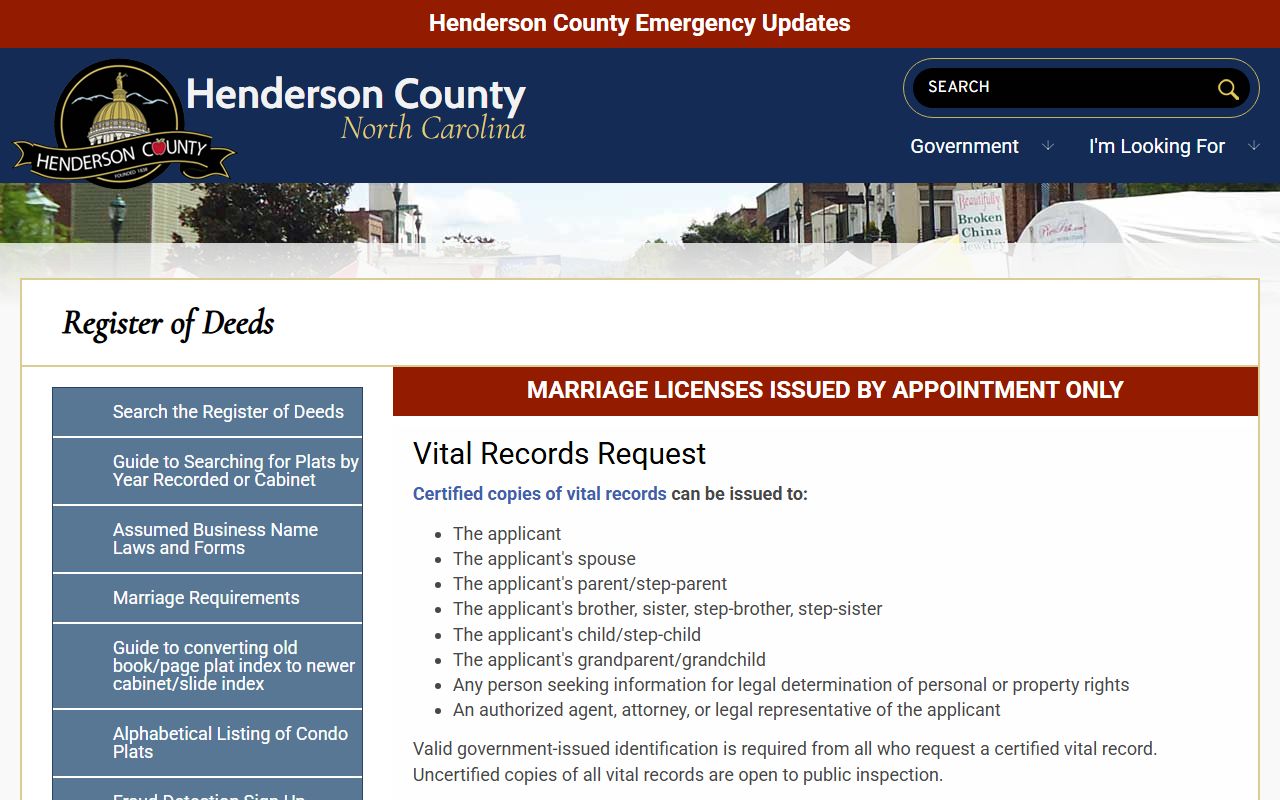 Henderson County vital records page for Henderson County marriage records