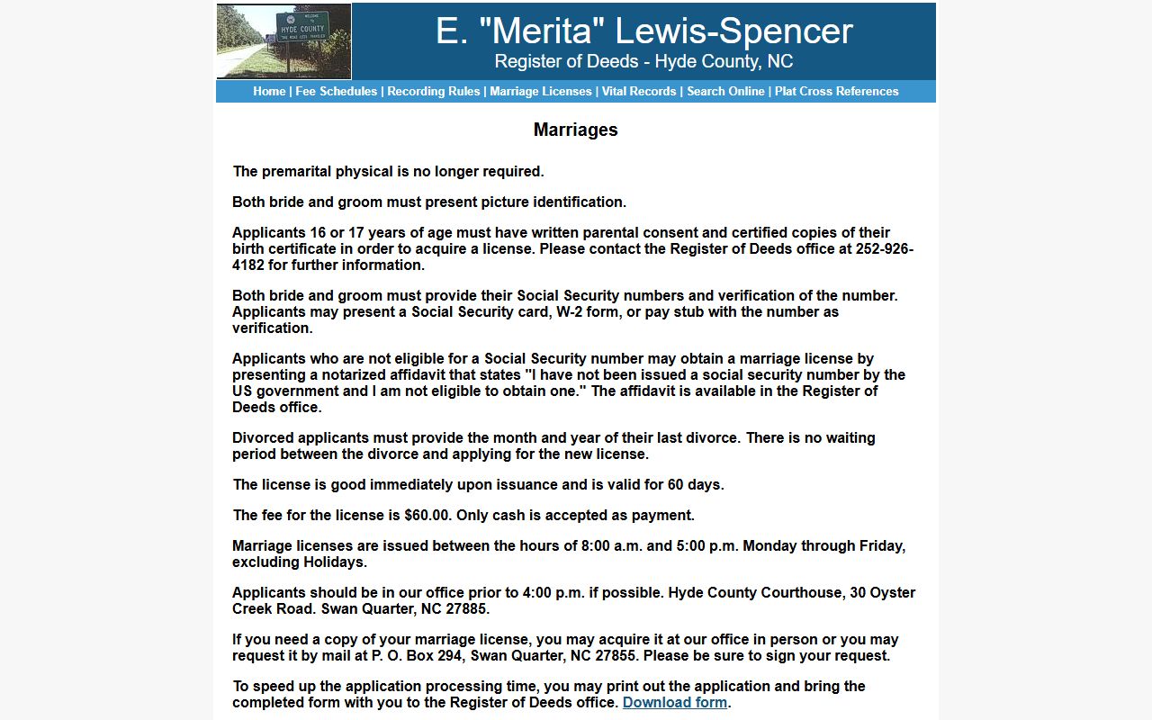 Hyde County marriage licenses page for Hyde County marriage records