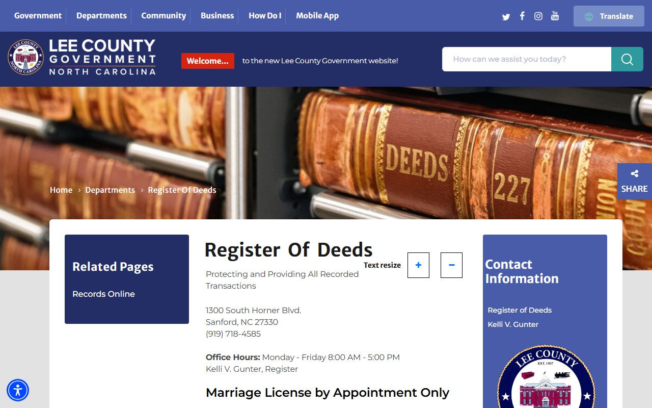Lee County Register of Deeds official page for Lee County marriage records