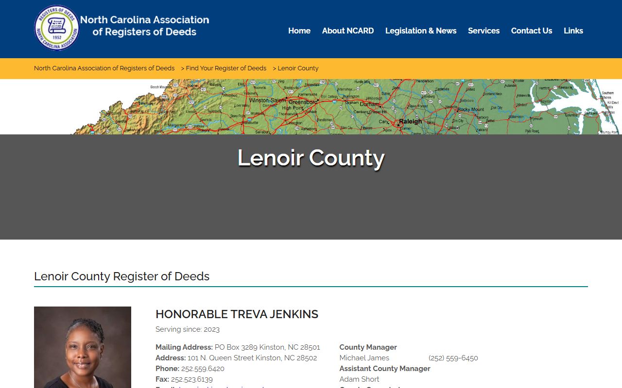 NCARD profile for Lenoir County Register of Deeds and marriage records