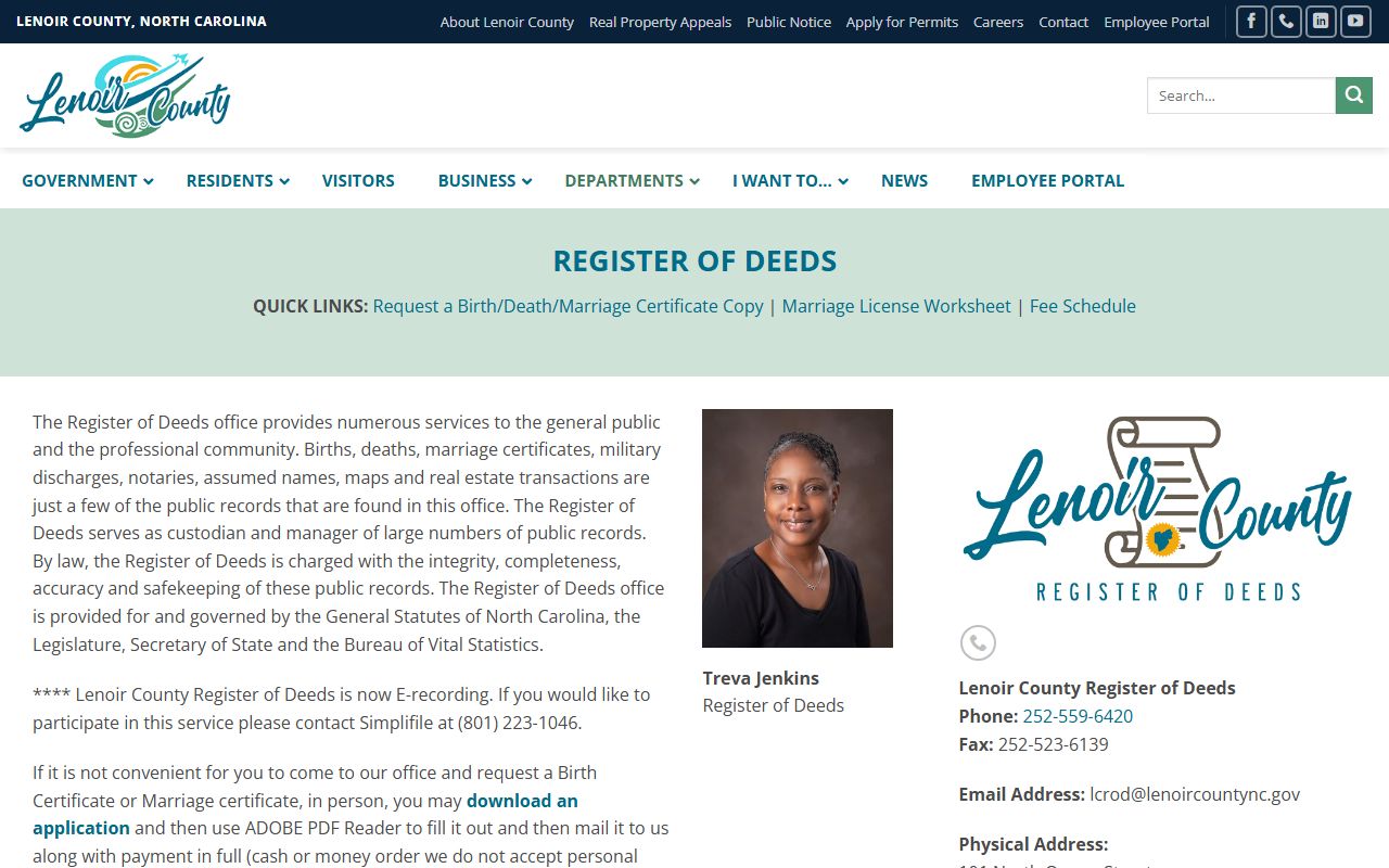 Lenoir County Register of Deeds official page for Lenoir County marriage records