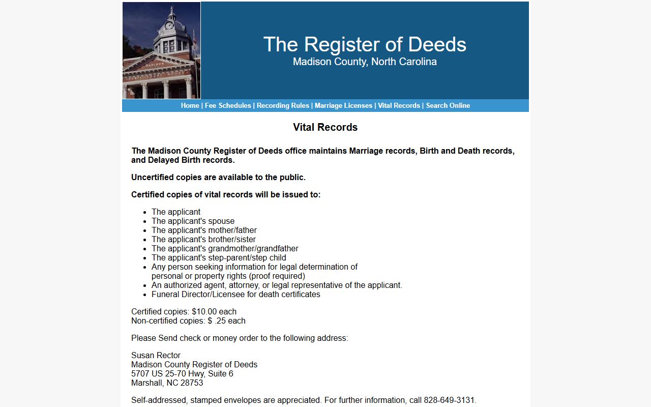 Madison County vital records section of the Register of Deeds website