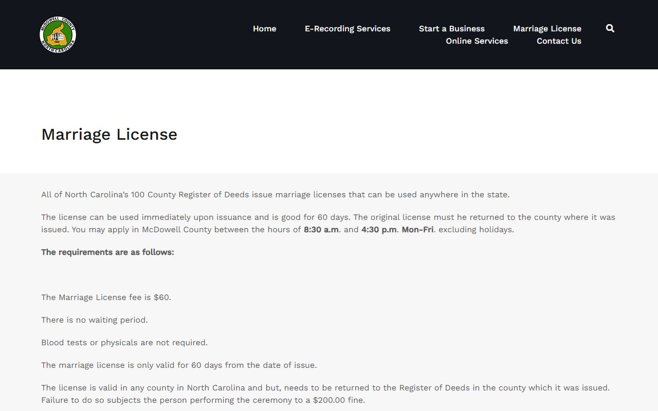 McDowell County marriage license information and requirements