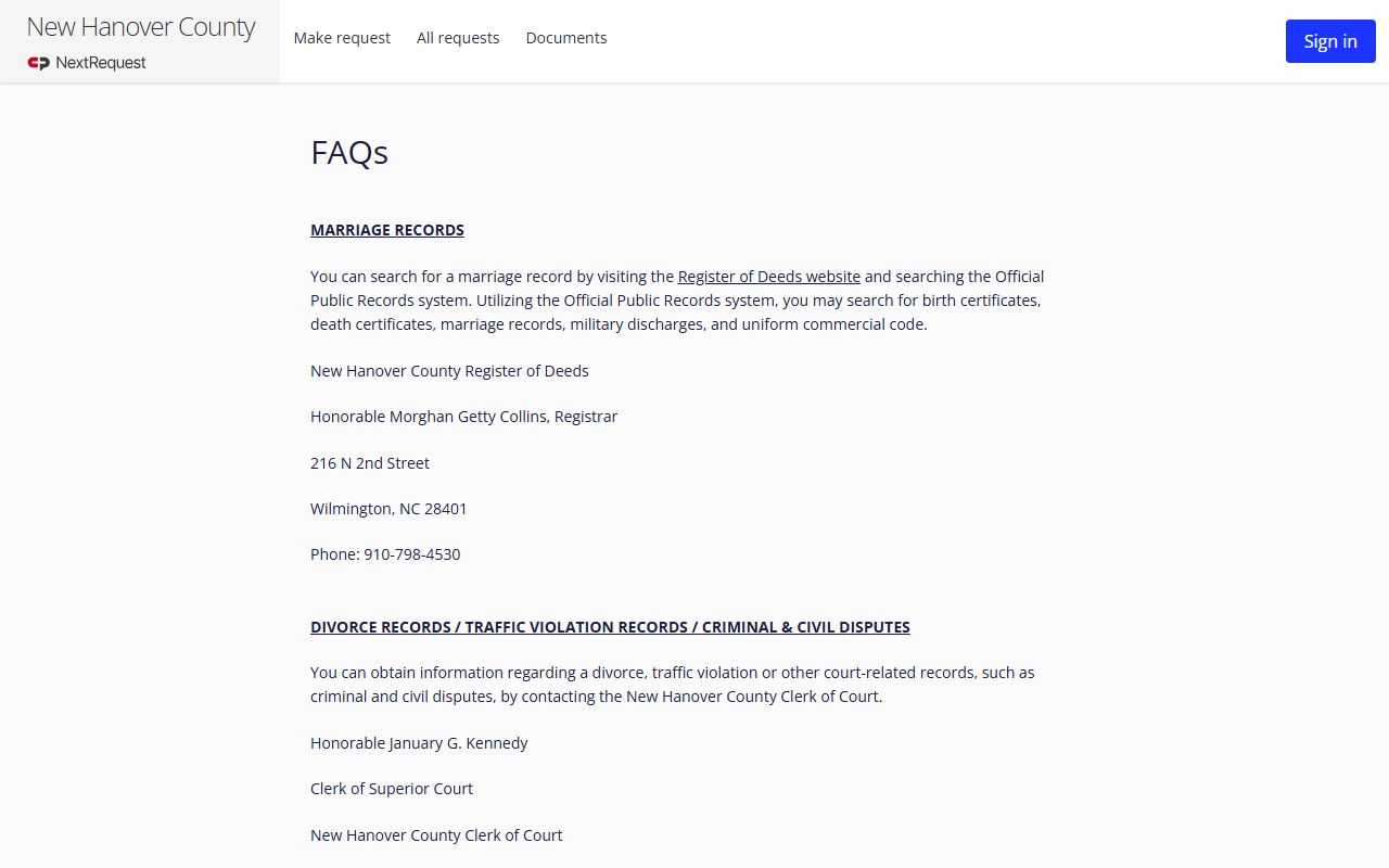 New Hanover County public records access for marriage records