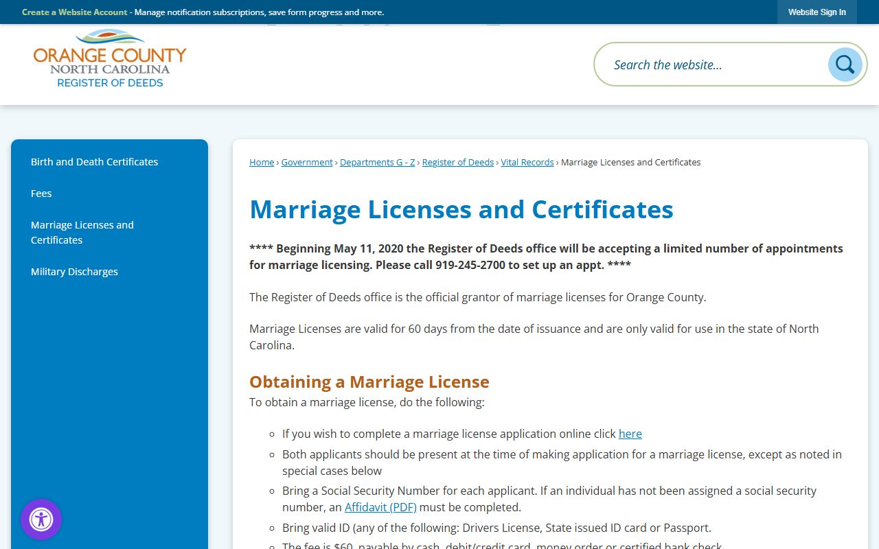 Orange County Register of Deeds marriage license page