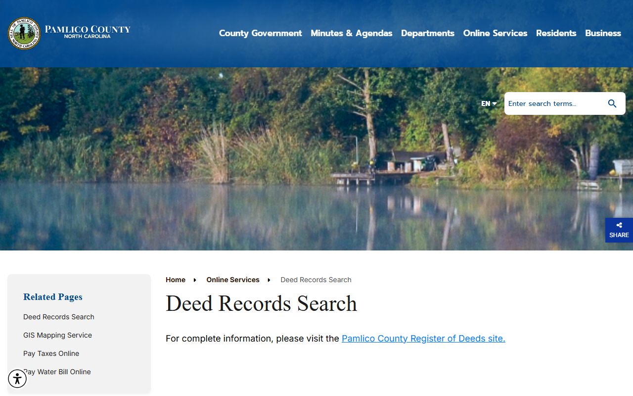 Pamlico County deed records search page showing marriage records context