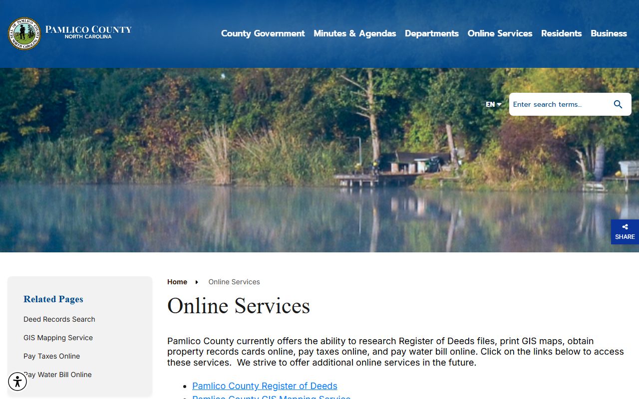 Pamlico County online services page for marriage records