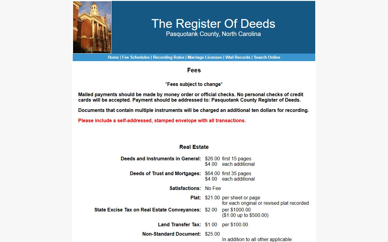 Pasquotank County Register of Deeds fee schedule for marriage and vital records