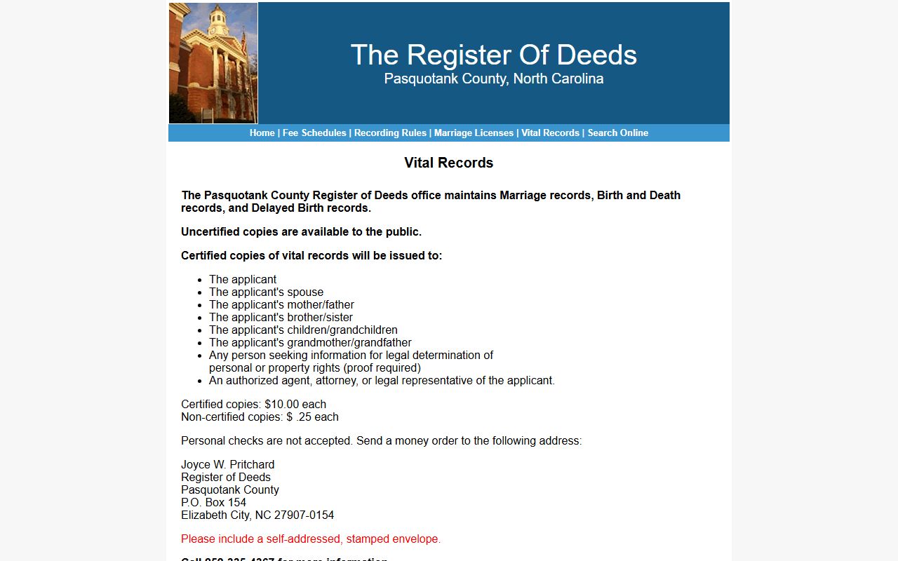 Pasquotank County vital records search page for marriage records