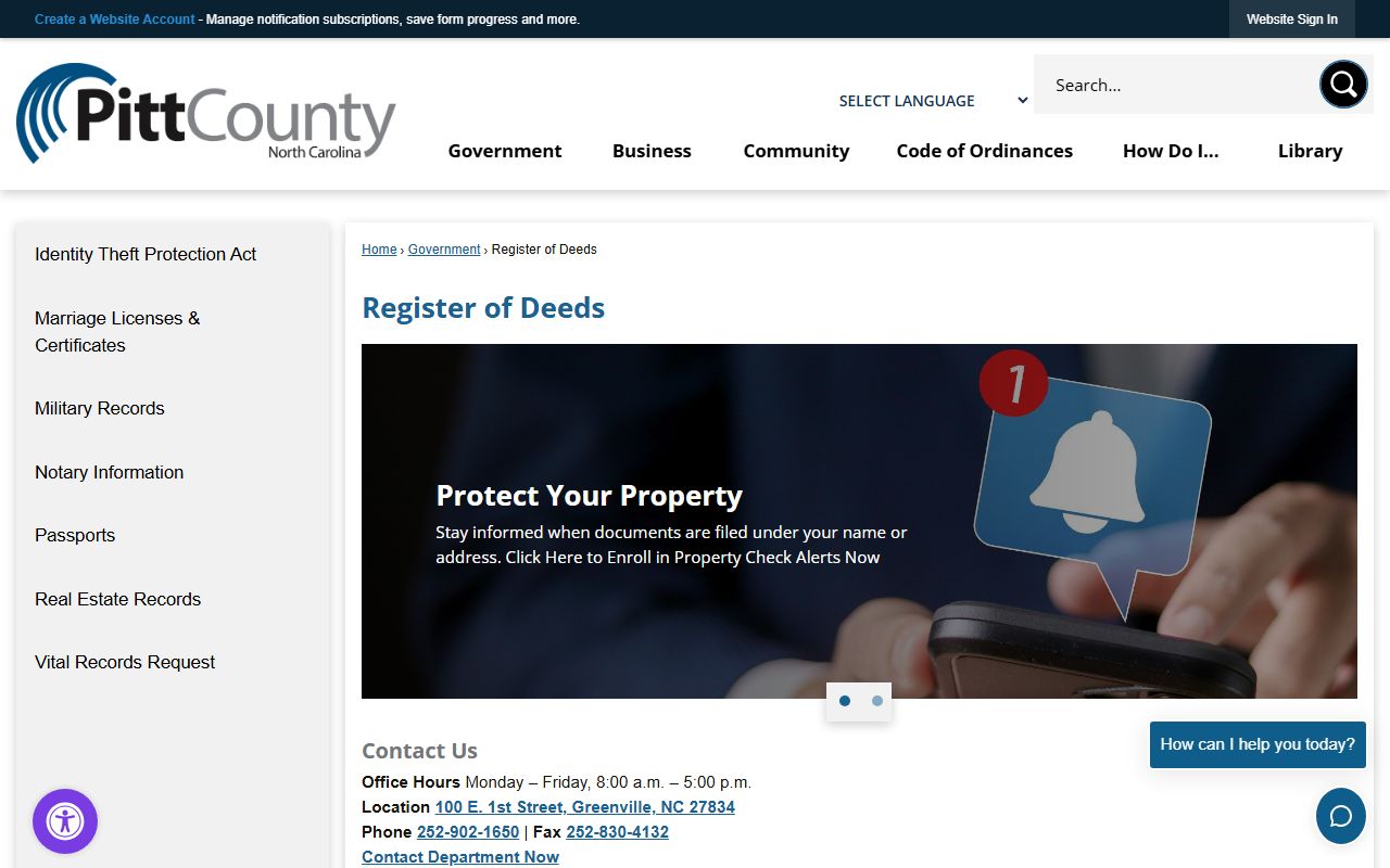 Pitt County Register of Deeds official page for marriage records