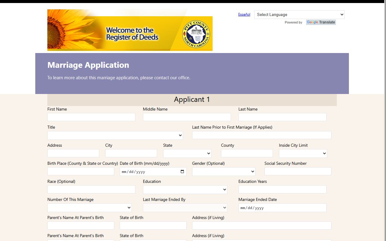 Pitt County online marriage application page for marriage records