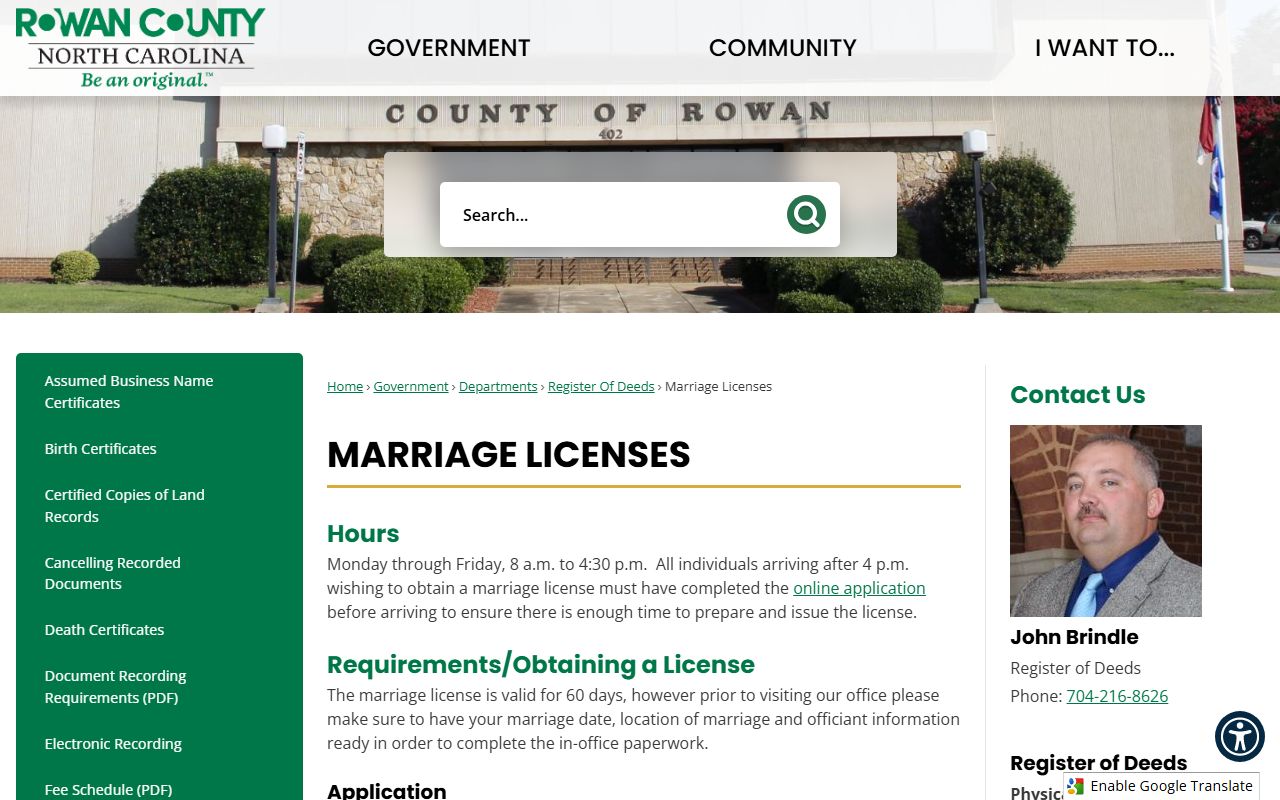 Rowan County marriage licenses page for marriage records