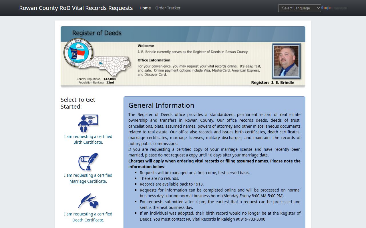 Rowan County online vital records page for marriage records