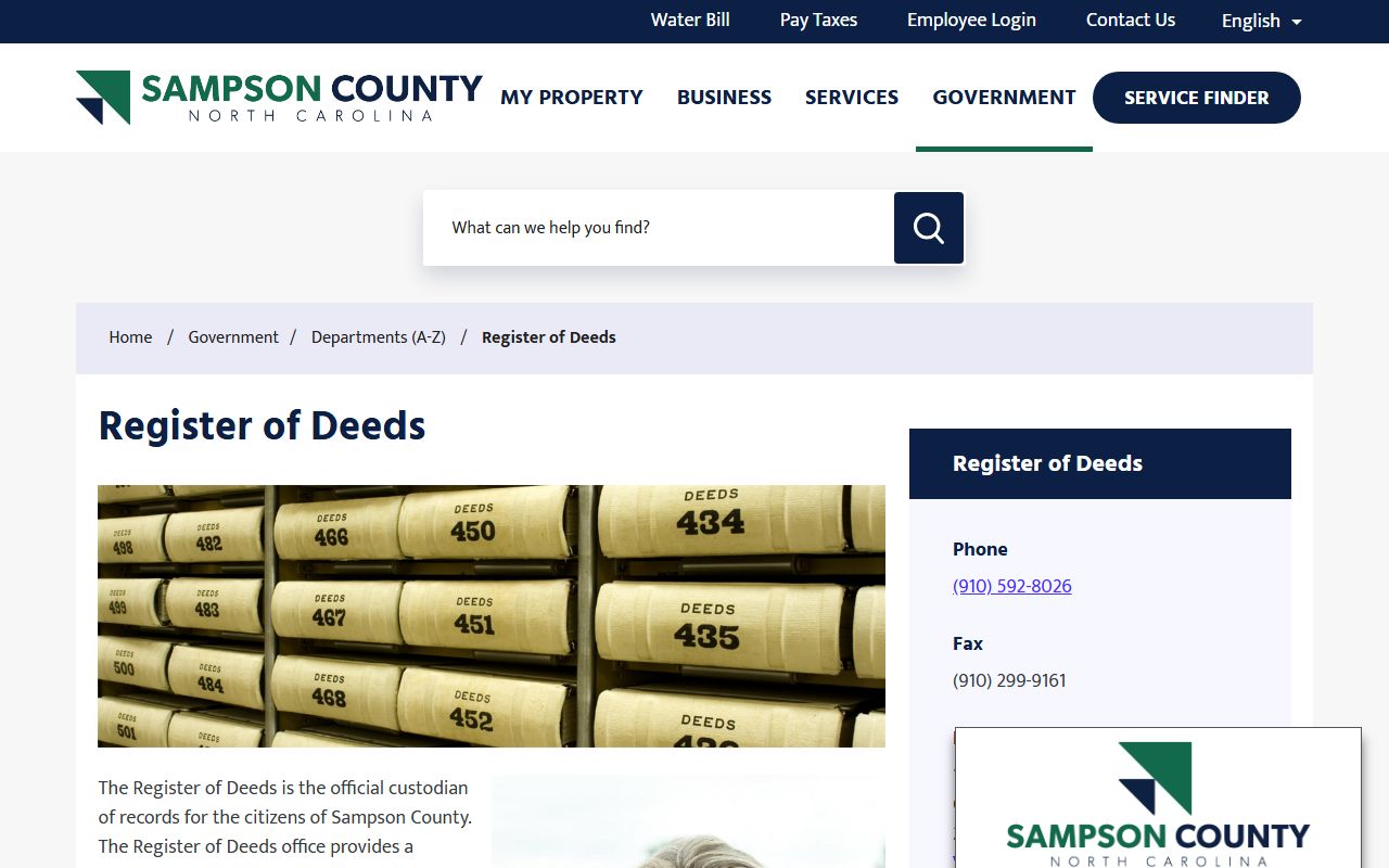 Sampson County Register of Deeds page for Sampson County marriage records