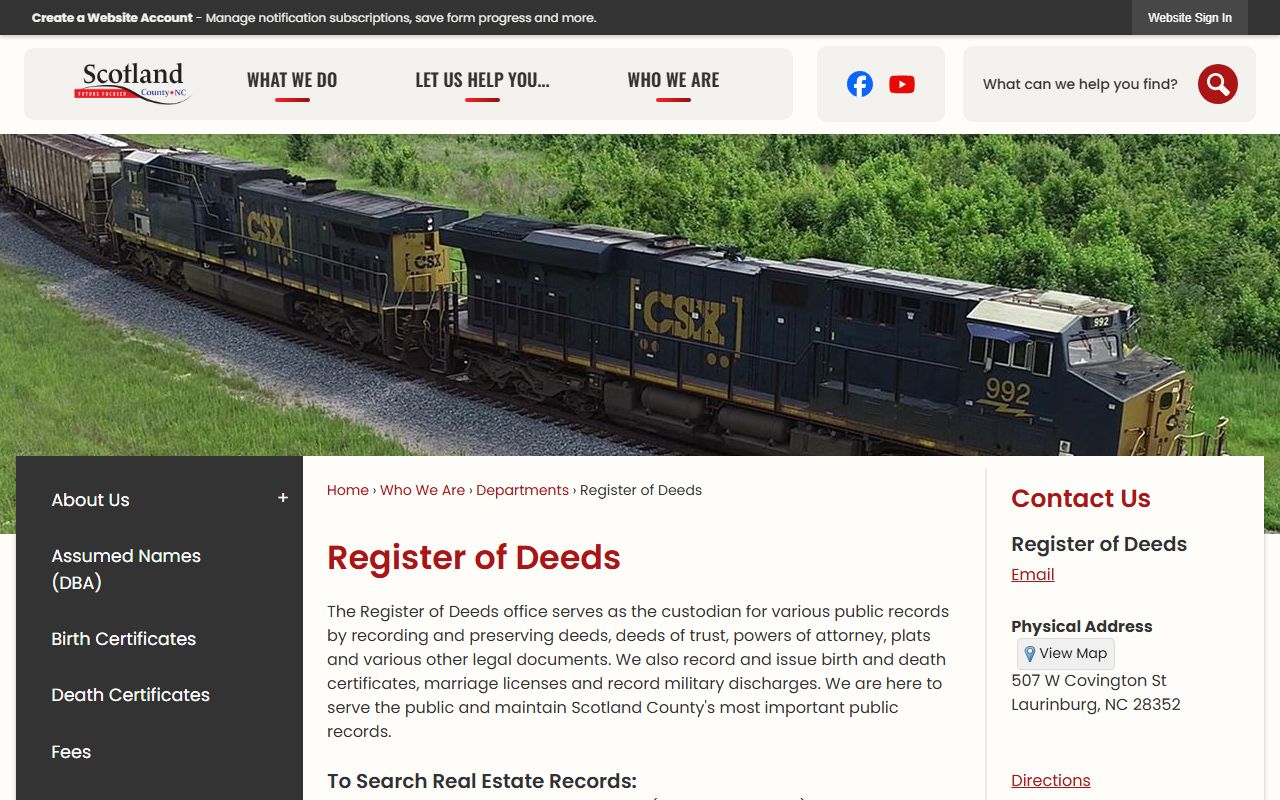 Official Scotland County Register of Deeds page for Scotland County marriage records