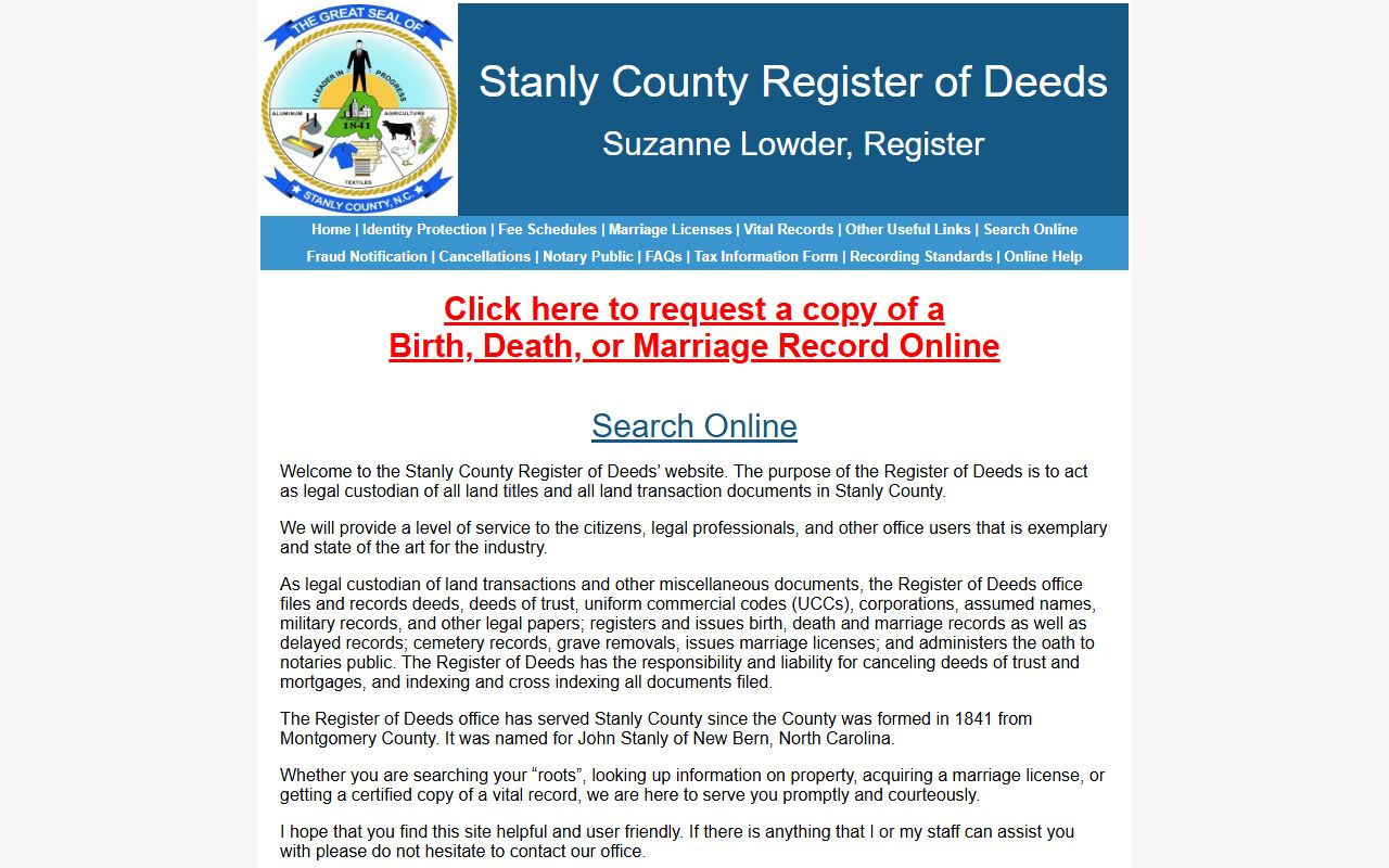 Official Stanly County Register of Deeds page for Stanly County marriage records