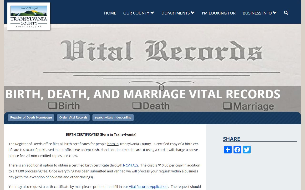 Transylvania County vital records page for marriage records requests