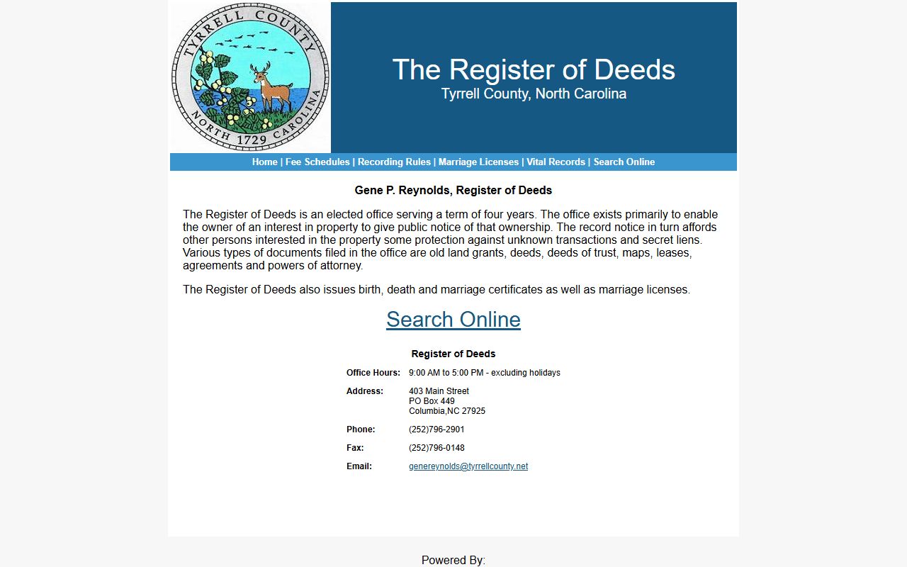 Tyrrell County Register of Deeds official records portal for Tyrrell County marriage records