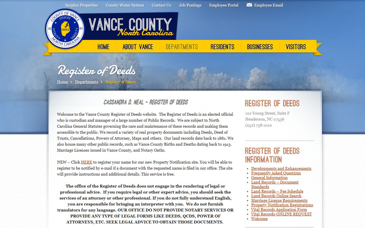 Vance County Register of Deeds official page for Vance County marriage records