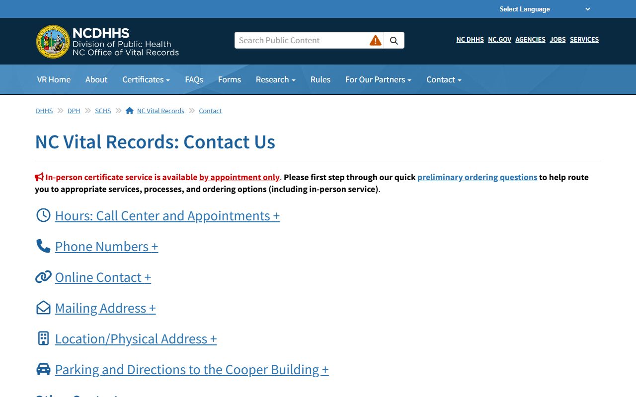 NC Vital Records contact information for marriage records