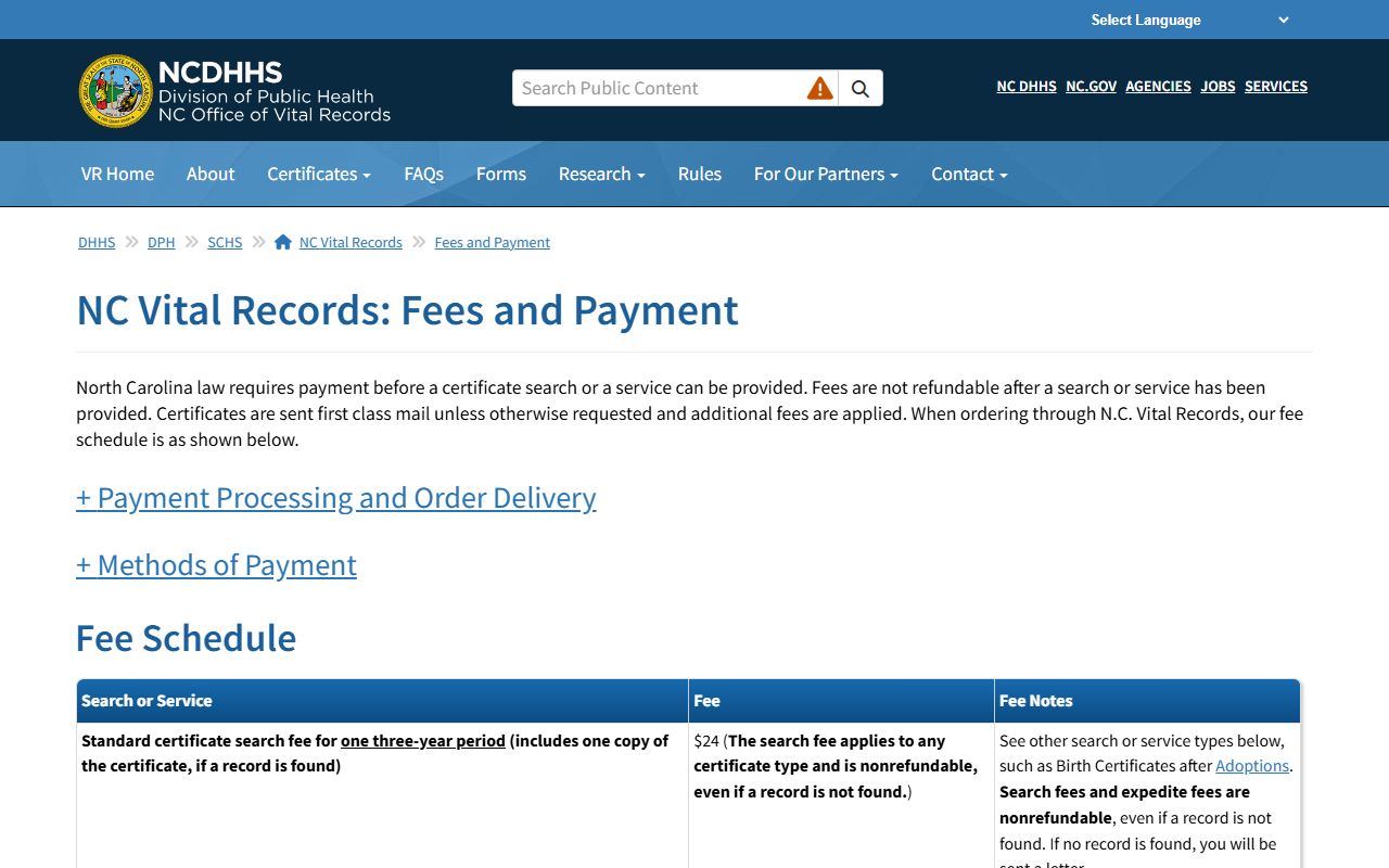 North Carolina Vital Records fee schedule for marriage records