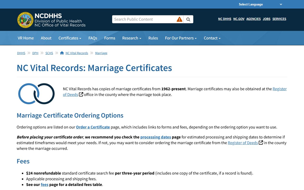 NC Vital Records marriage page for North Carolina marriage records