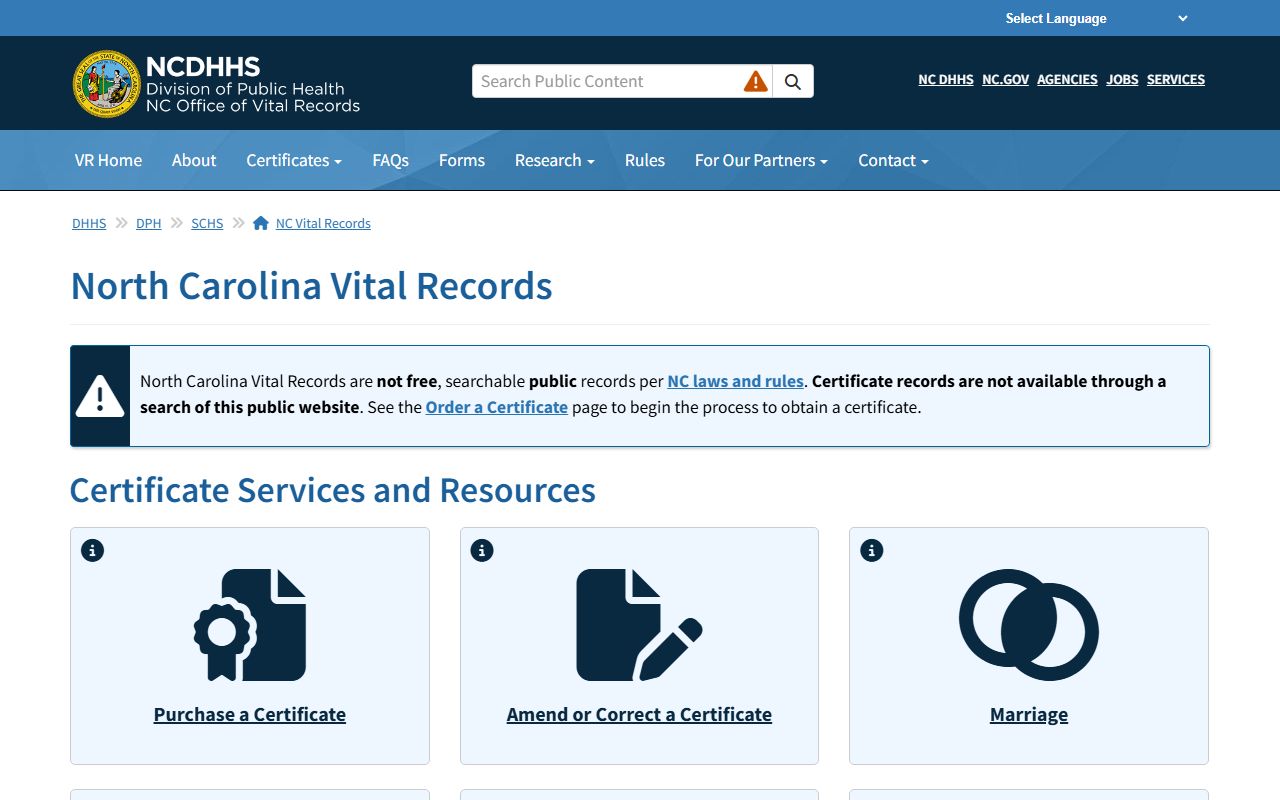 North Carolina Vital Records official website for marriage records