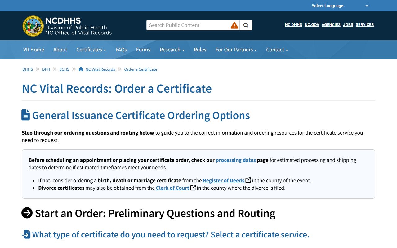 NC Vital Records ordering page for North Carolina marriage records
