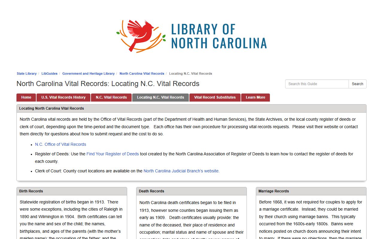 State Library of North Carolina vital records guide for marriage records